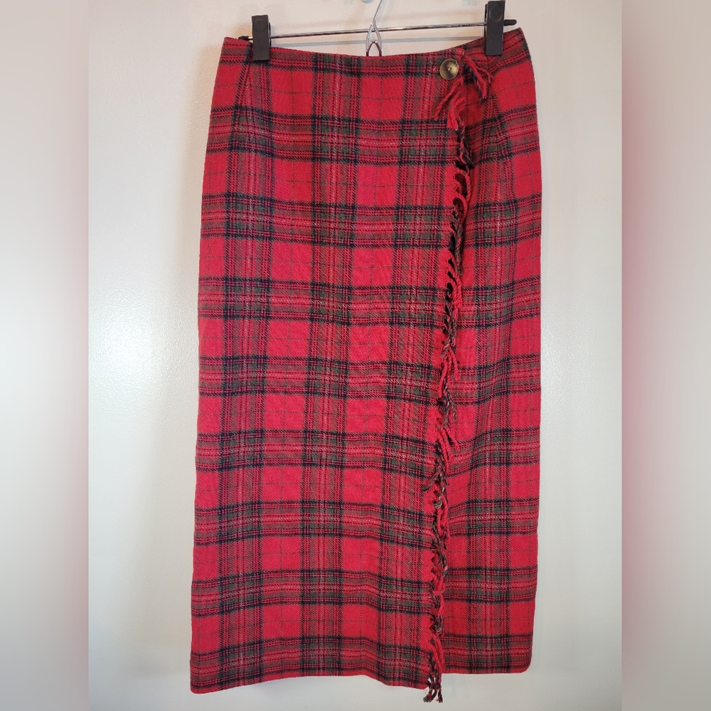 Carroll Reed Vintage Red Green Plaid Fringe Wrap Skirt Size 10
